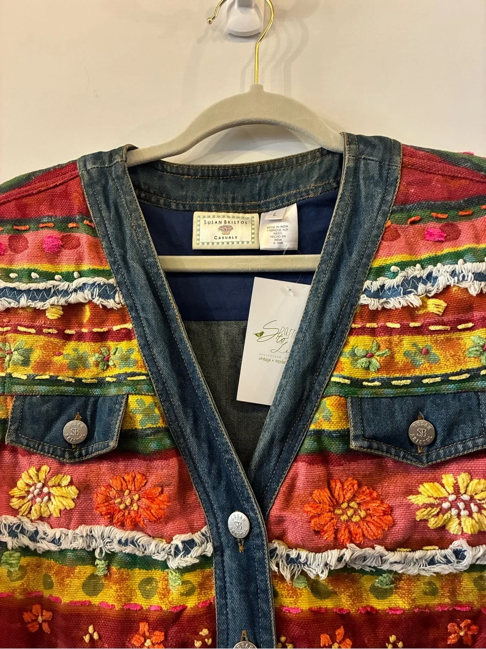 Susan Bristol Multicolor Embroidered Denim-Trim Vest